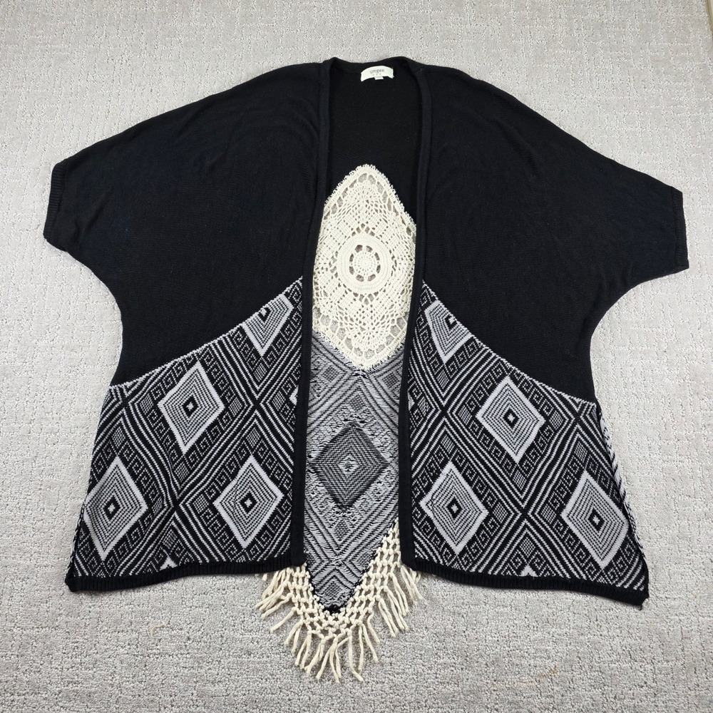 Umgee USA Black Geometric Crochet Fringe Open Front Cardigan Small/Medium Boho